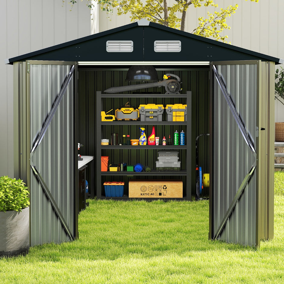 Utrustningshus – Metall redskapsbod med lutande tak, låsbara dörrar och nycklar – 350 x 223 x 197 cm – Grå