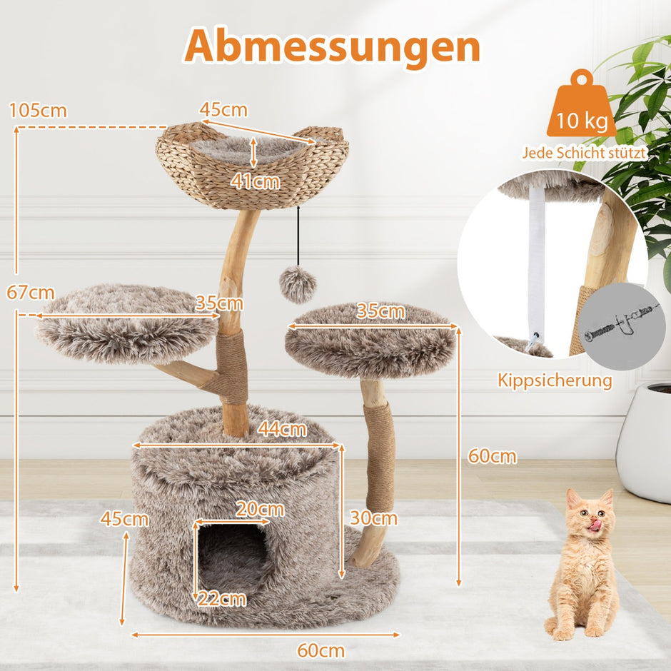 Klösträd – i med kattgrotta, plyschsittplatser, korg och klöspost. – 2 105 cm – Trä