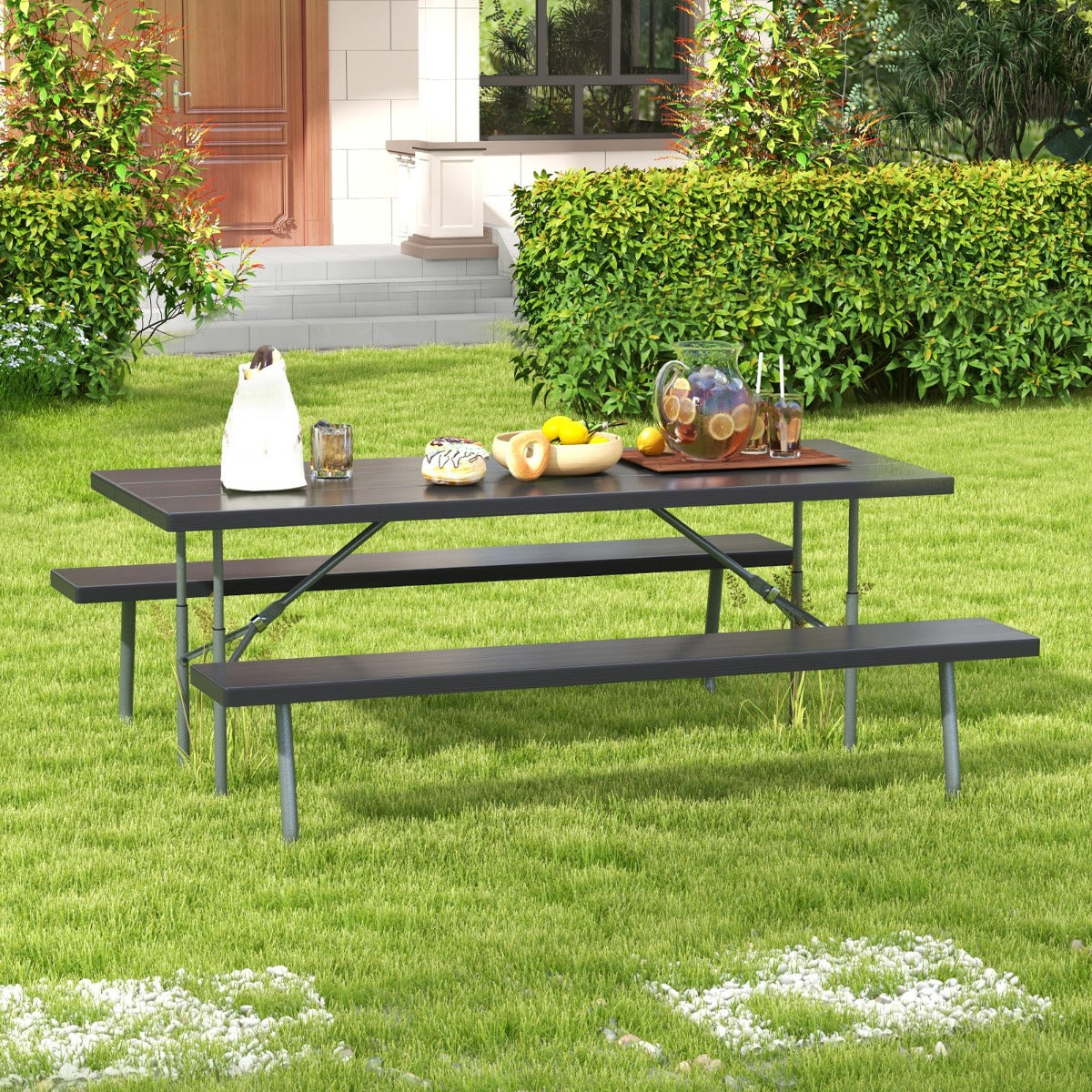 Fällbart – picknickbord med bänkar Campingbordsset metallram – 2 183 cm – Svart