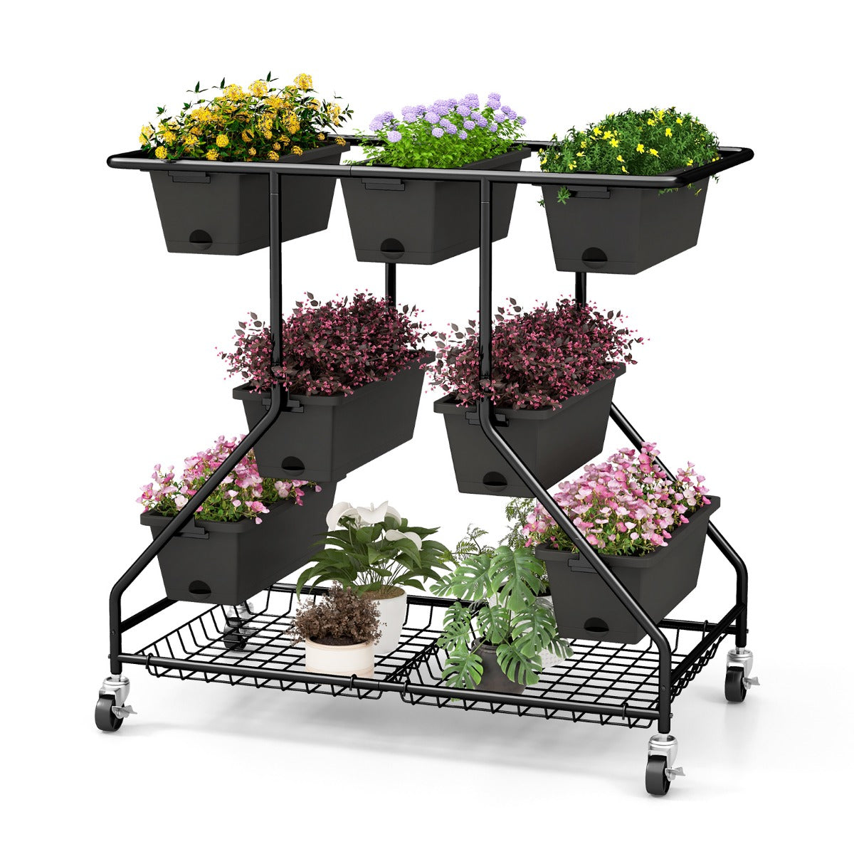 Blomsterställ – med blomlådor Blomstrappa hjul – 100 x 56 x 99 cm – Svart