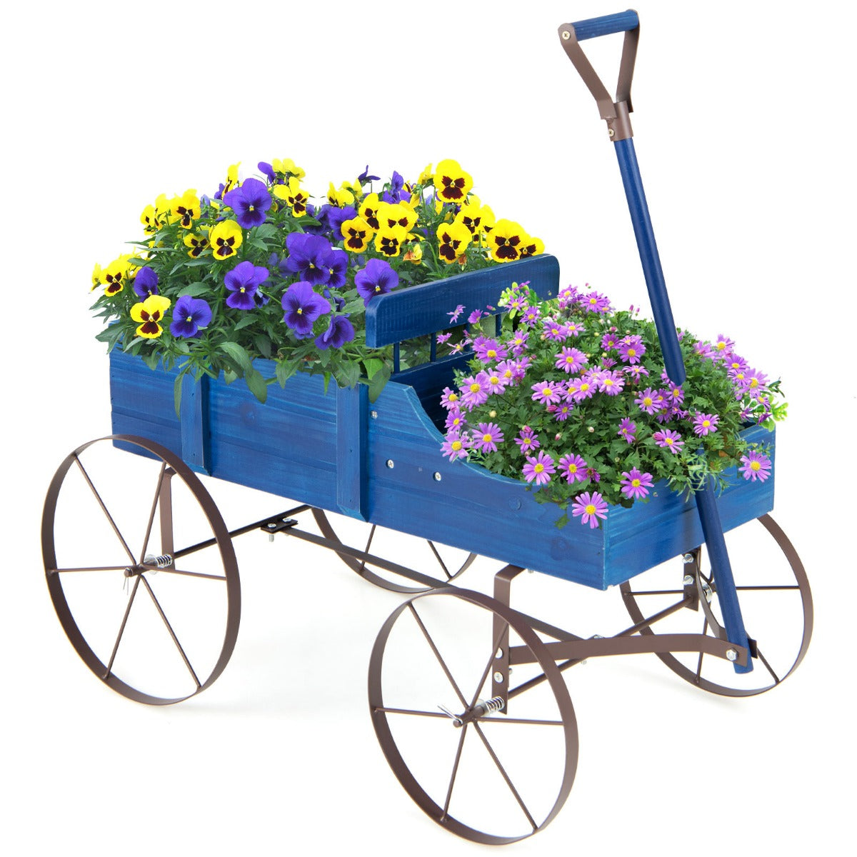 Blomstativ – Trävagn Växtvagn Blomstervagn med metallhjul – 62 x 34 x 60 cm – Blå