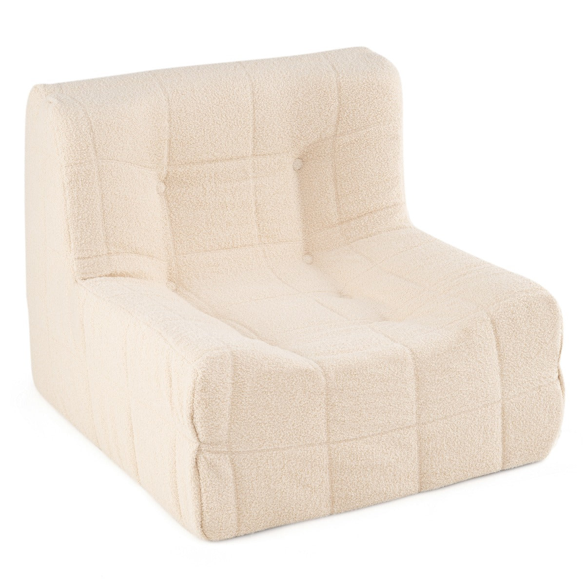 Bodensoffa – sittpuff med helgjuten skumgummi och teddyplushöverdrag prydnadsknappar – Vit
