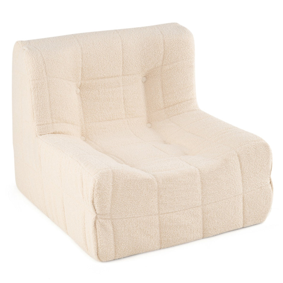 Bodensoffa – sittpuff med helgjuten skumgummi och teddyplushöverdrag prydnadsknappar – Vit