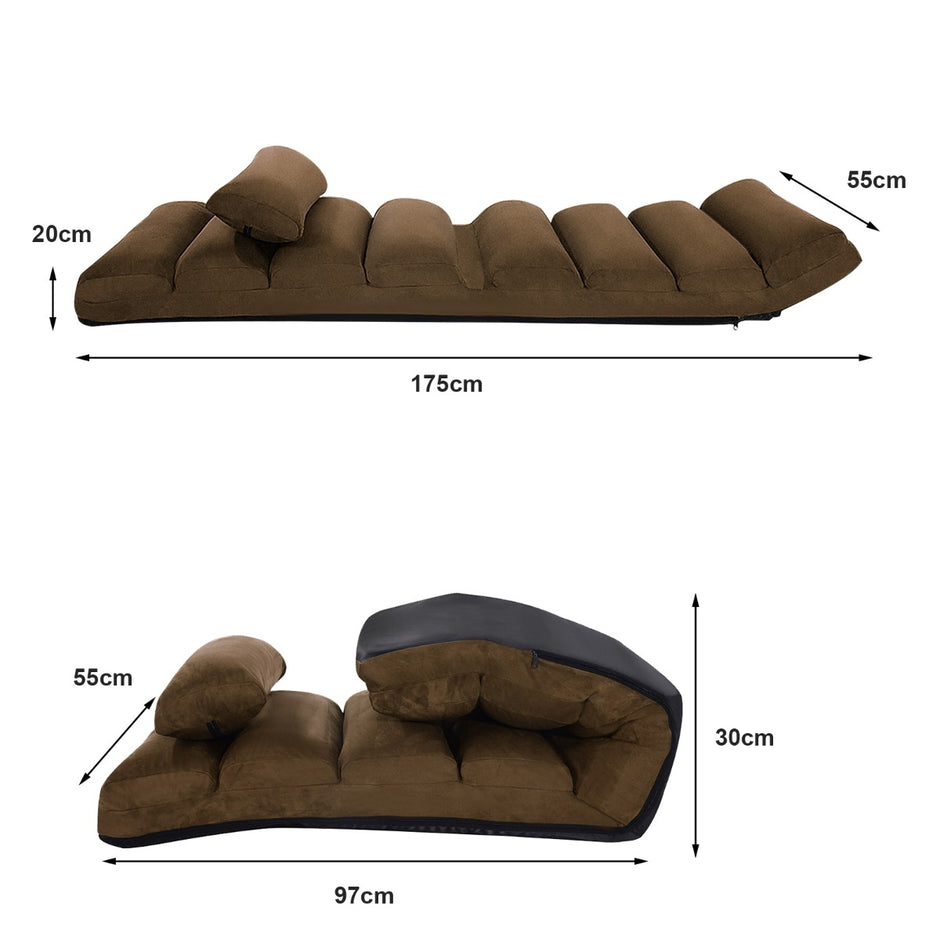 Golvstol – med ryggstöd, hopfällbar golvsäng – 175 x 55 x 20 cm – Brun