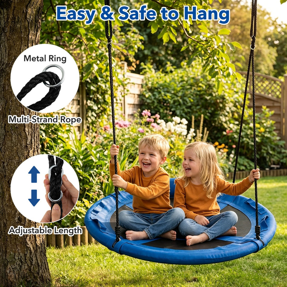 Boho – Gunga med Kudde och Handtag Barnschaukel Höjdjusterbart Rep – 100-180 cm Ø 100 cm – Blå