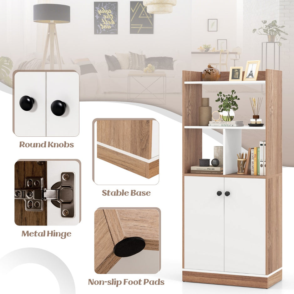 Bokhylla – med dubbeldörrsskåp vånings stående öppna fack – 3 60 x 30 x 133 cm – Vit