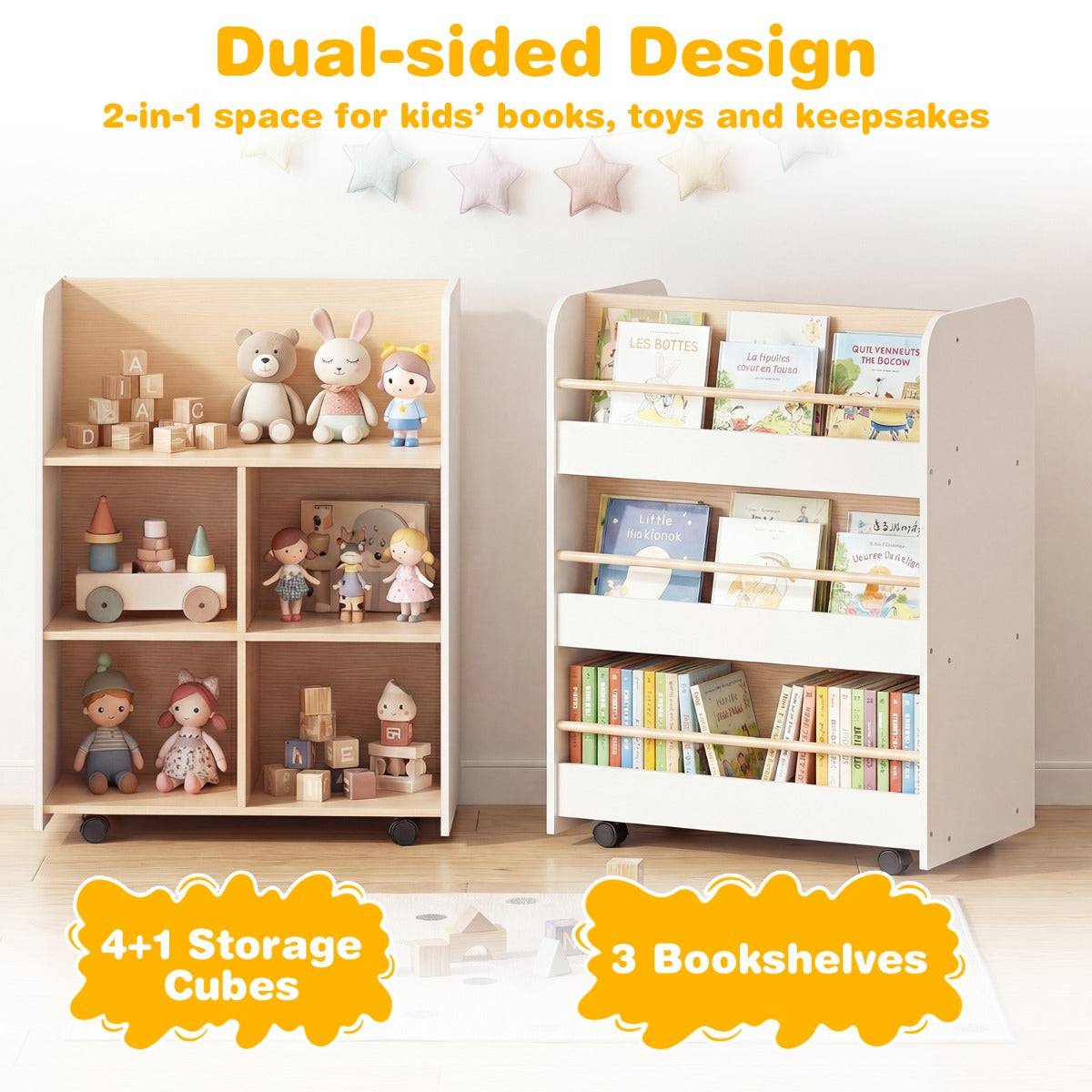 vånings – barnbokhylla med hjul dubbelsidig bokvisning och förvaringsvagn – 3 – Vit