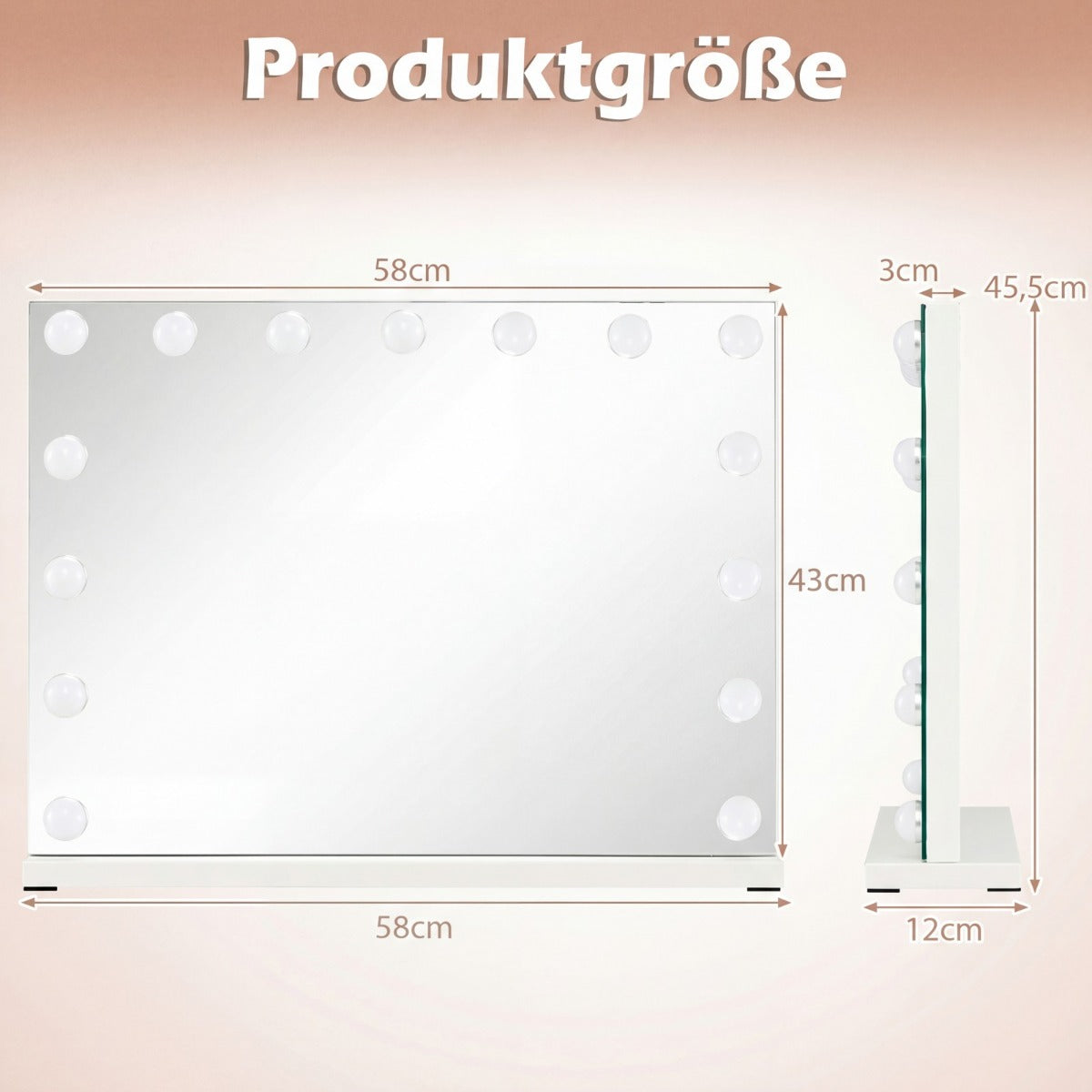 Hollywood – sminkspegel med ljusfärger och Justerbar ljusstyrka Touch styrning – 3 58 x 43 cm – Vit