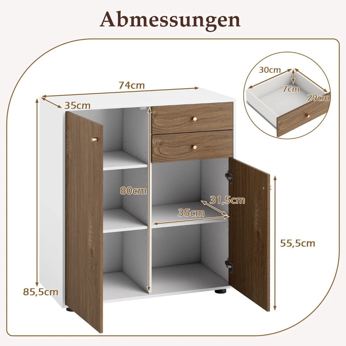 Buffetskåp – med lådor, dörrar och justerbara hyllor Sideboard Förrådsskåp – 2 2 3 – Natur