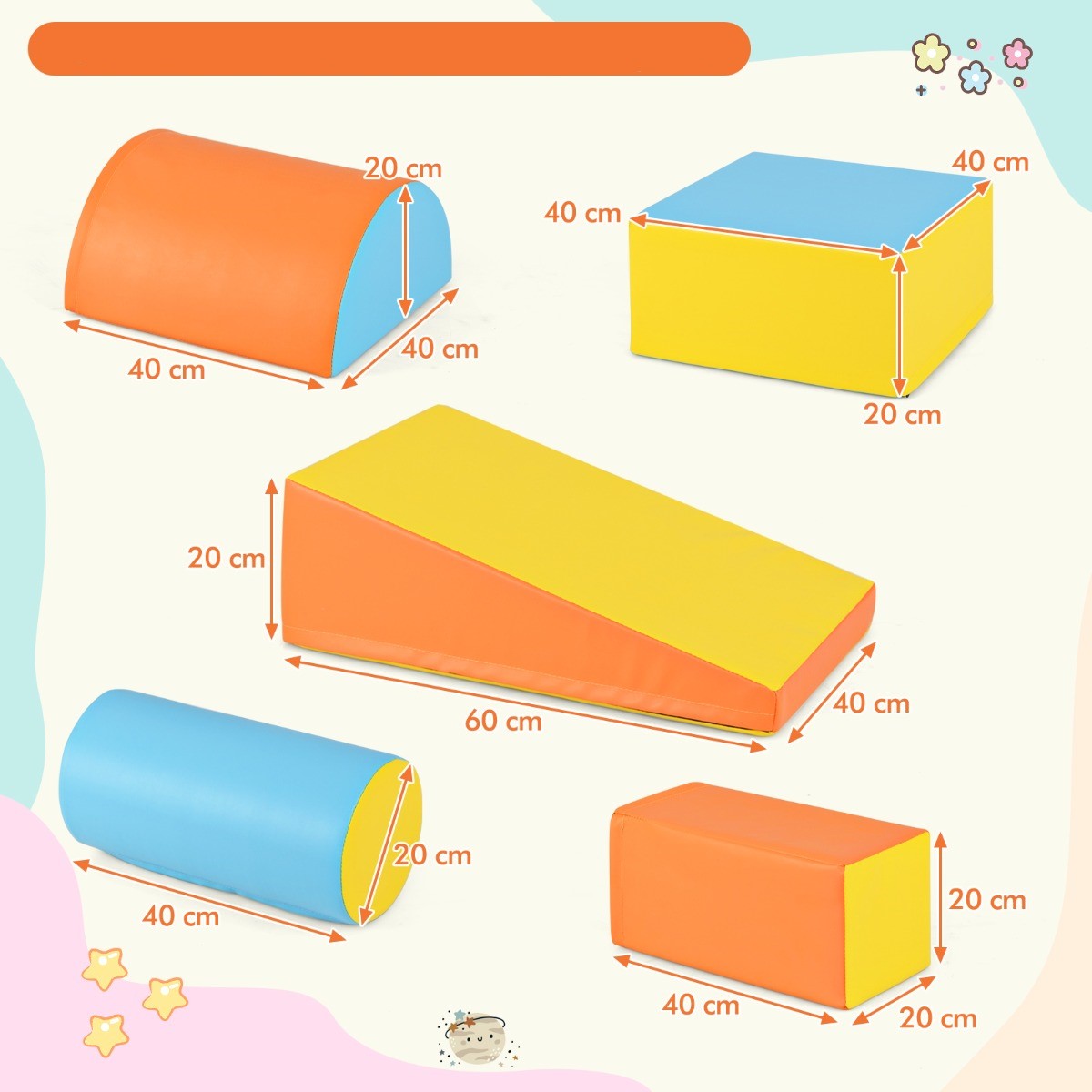 stycken – Byggklossar av skum Jättebyggstenar för att leka och klättra Stora + – 5 – Gul + orange