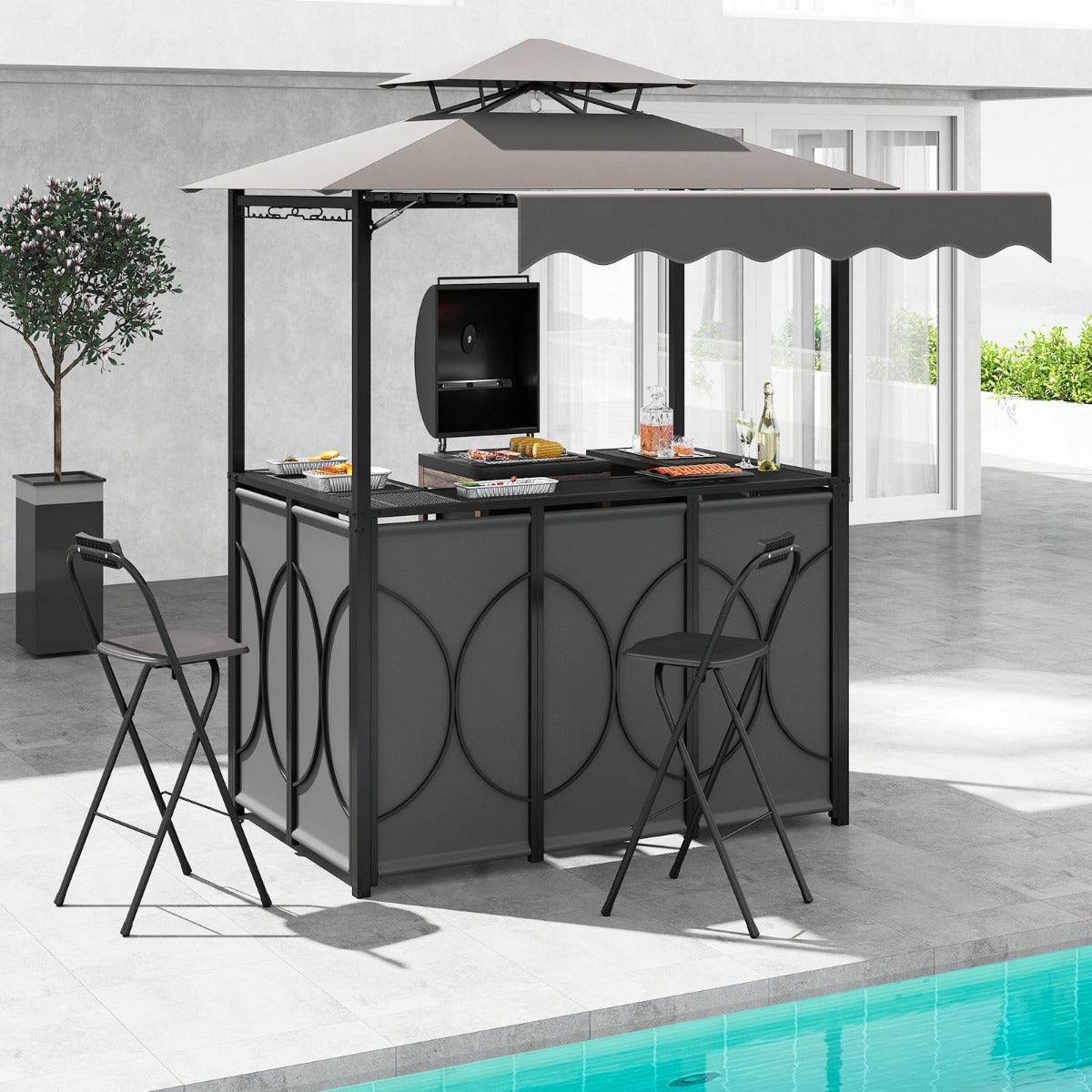 Väderbeständig – grillpaviljong med bar och barstolar, trädgårdspaviljong dubbelt tak markis, – 2 . – Grå