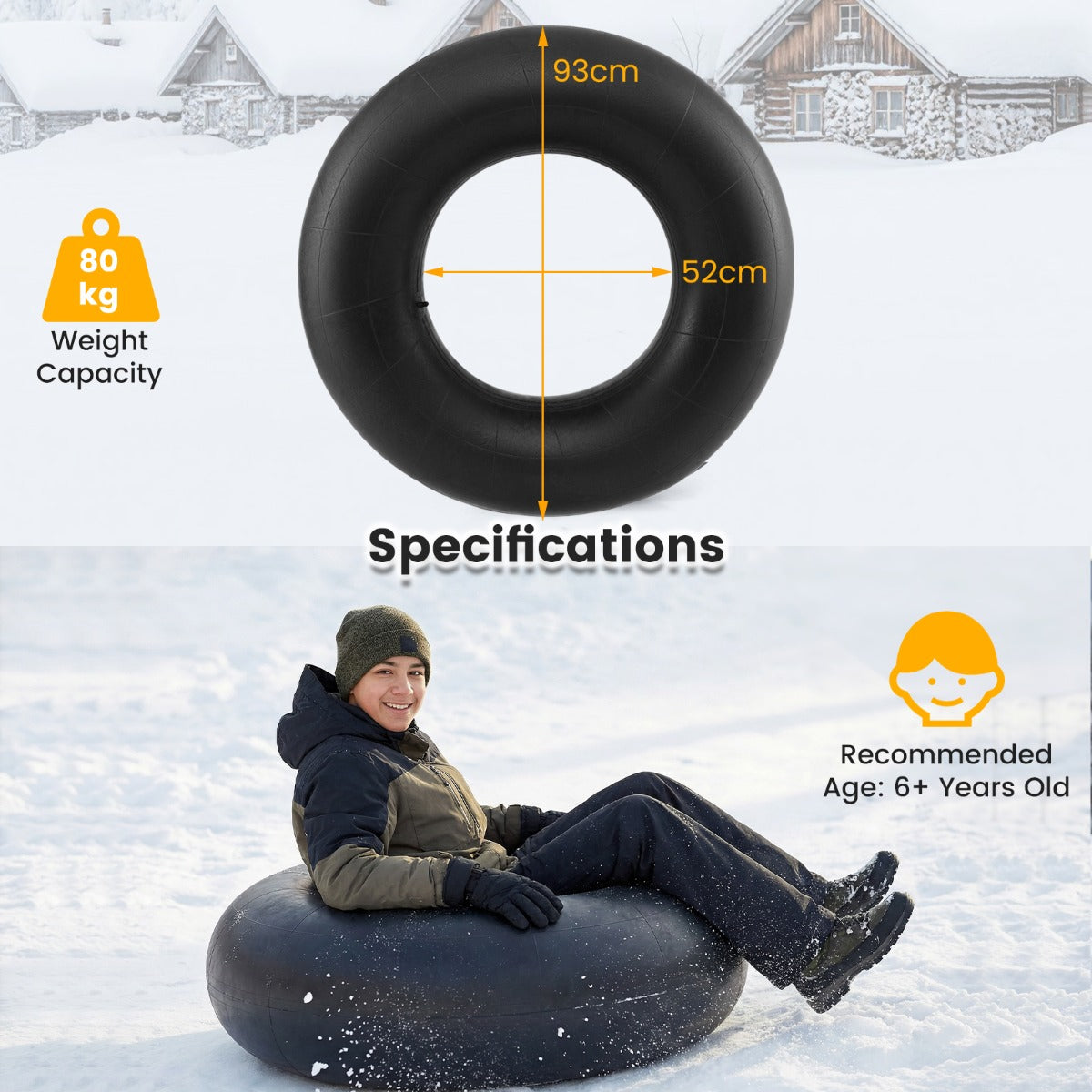 Tunglast – Innertub gummiupphängd uppblåsbar Snö och Flodring – 93 cm – Svart