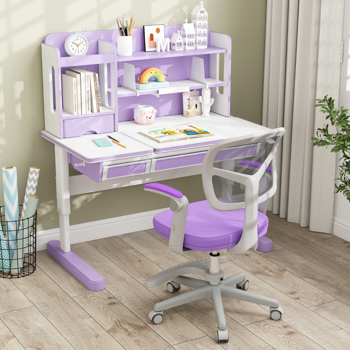 Barnskrivbordsstol – med höj och sänkbar sits Barnroterbar hjul Violett – 41-52 cm – Lila