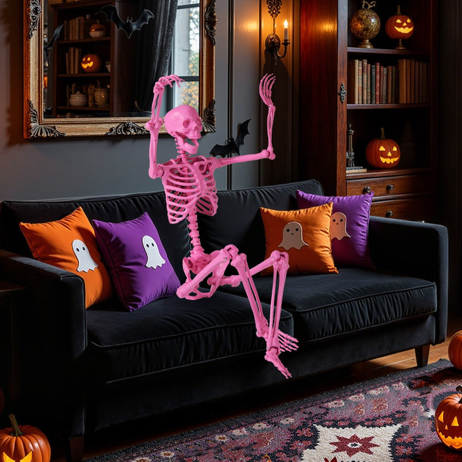 Halloween – skelett, livsstort, poserbart med rörliga leder, dekoration – 160 cm – Rosa