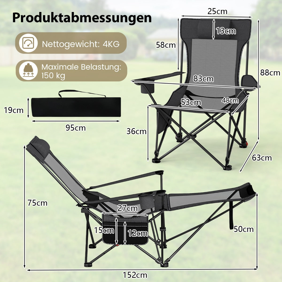 Campingstol – med avtagbar fotstöd och justerbart ryggstöd nackstöd Fiskestol – Grå
