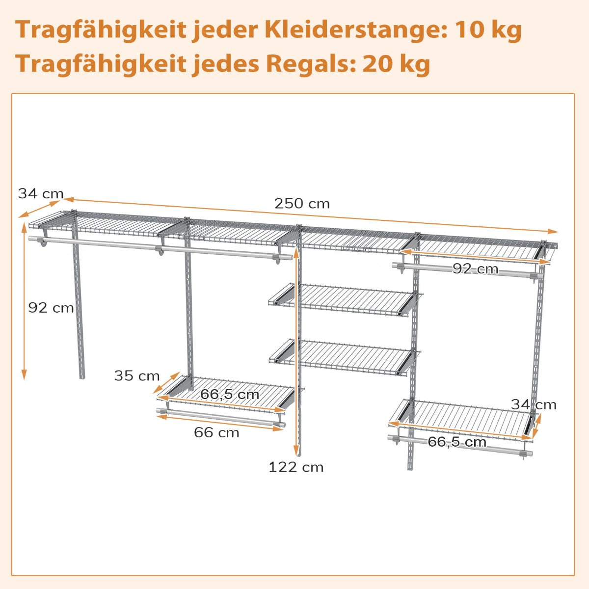 Öppen – garderob Utbyggbar DIY förvaringssystem – 122-244 cm – Grå