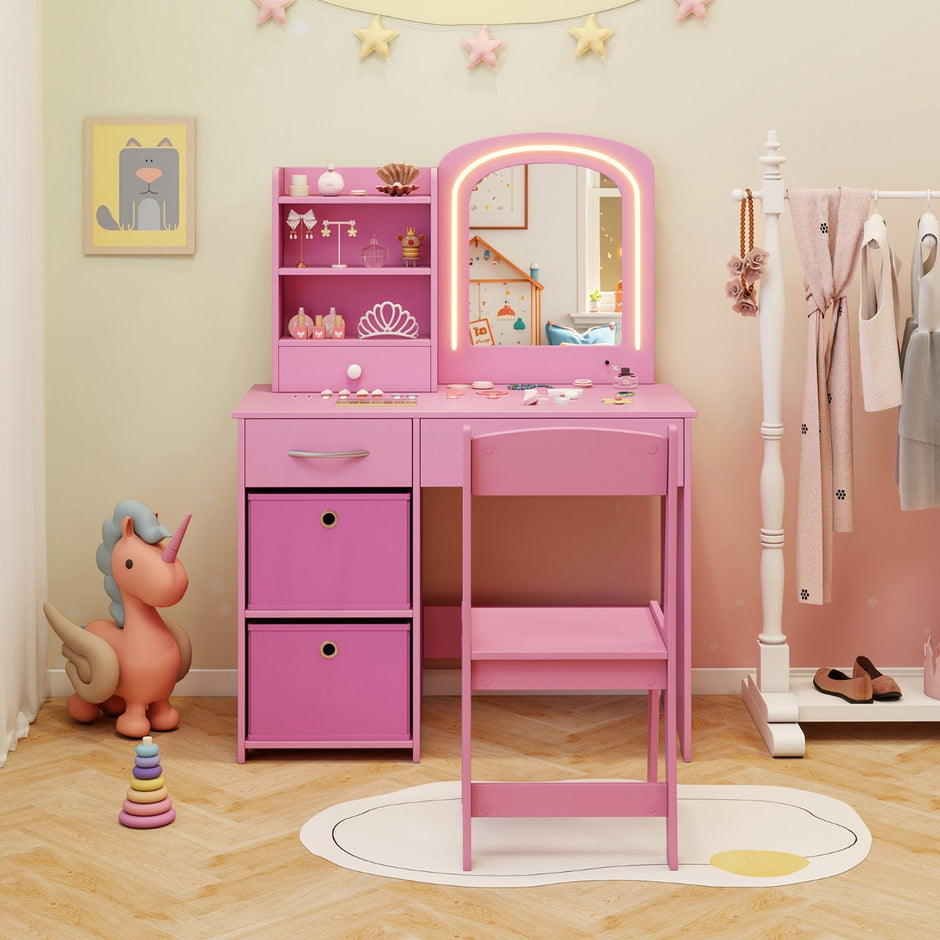 Barn – Sminkbord med Belysning Spegel Frisörbord – Rosa