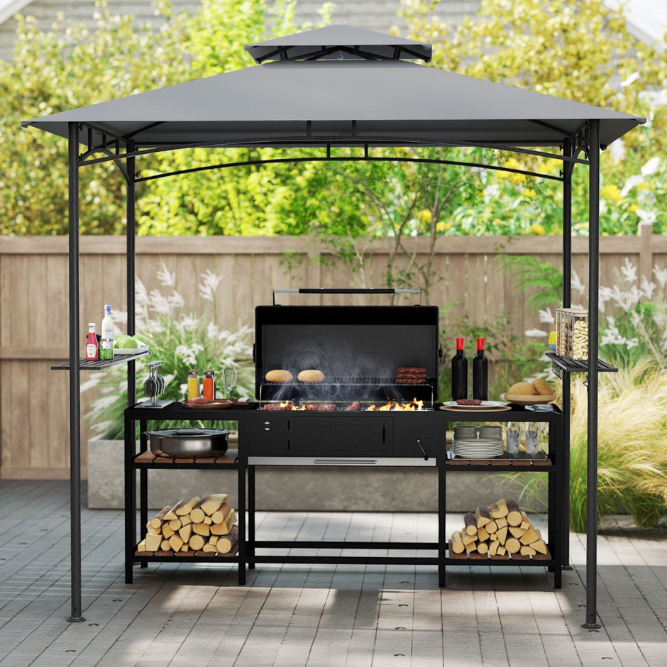 Grillpaviljong – med dubbelt tak och sidobord krokar Trädgårdspaviljong BBQ – 2 6 242 x 150 cm – Grå