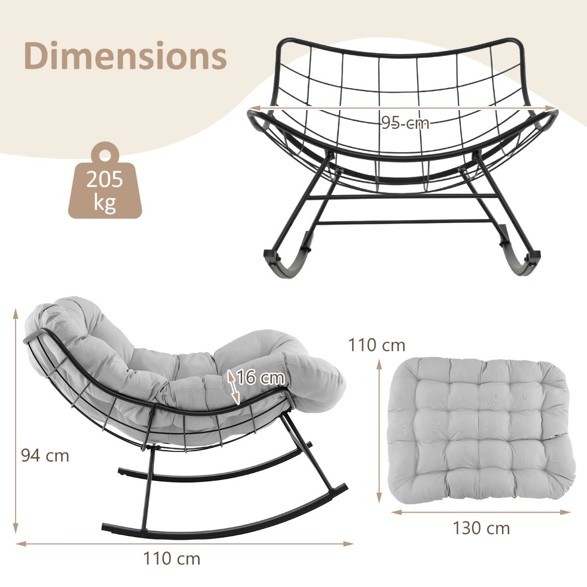 Gungstol – för inomhus och utomhusbruk, extra stor papasan med vadderat kudde, terrassstol bärkraft – 205 kg – Ljusgrå