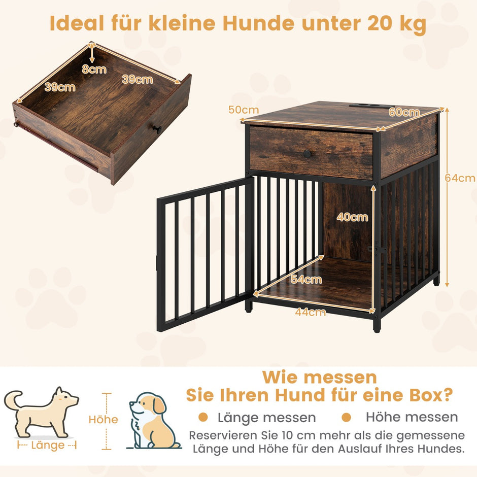 Hundbur – Möbler Hundbox för Hemmet med Laddstation Dörr Låda och Metallrör – Brun