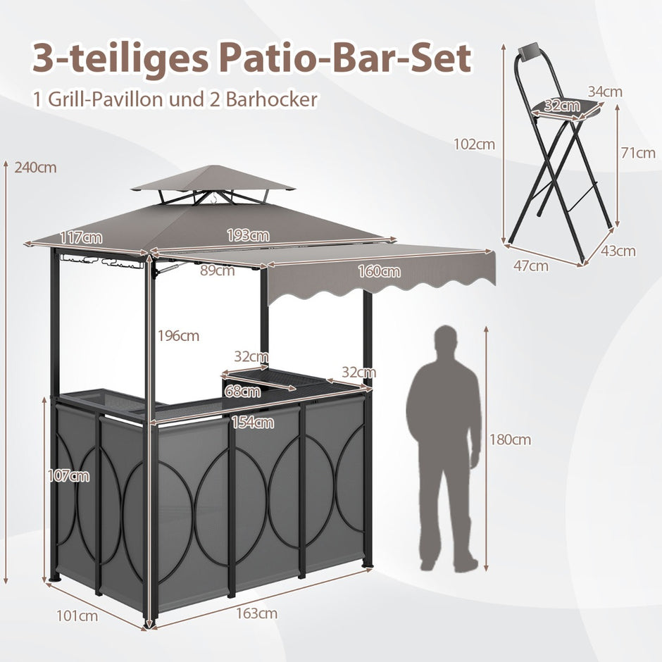 Väderbeständig – grillpaviljong med bar och barstolar, trädgårdspaviljong dubbelt tak markis, – 2 . – Grå