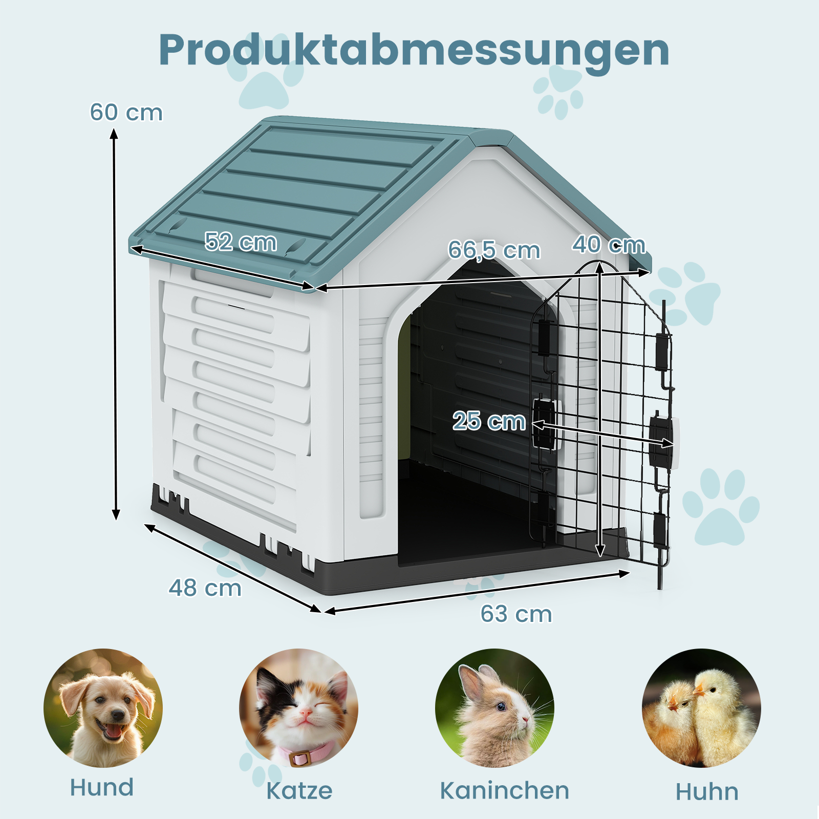 Plastikhundkoja – djurboende med låsbar metalldörr, ventilationsspringor och lutande tak – Blå