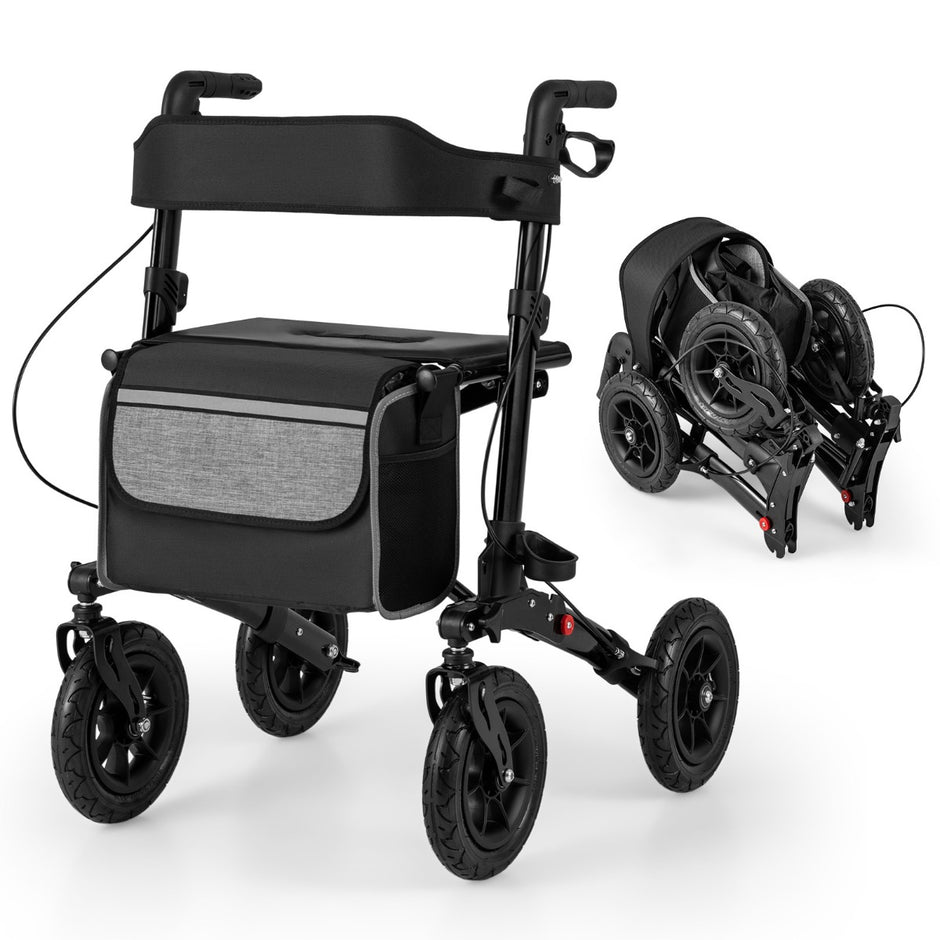 Fällbar – och lätt rollator med luftdäck sittplats i aluminium upp till i rullstol – 140 kg 2 1 – Svart