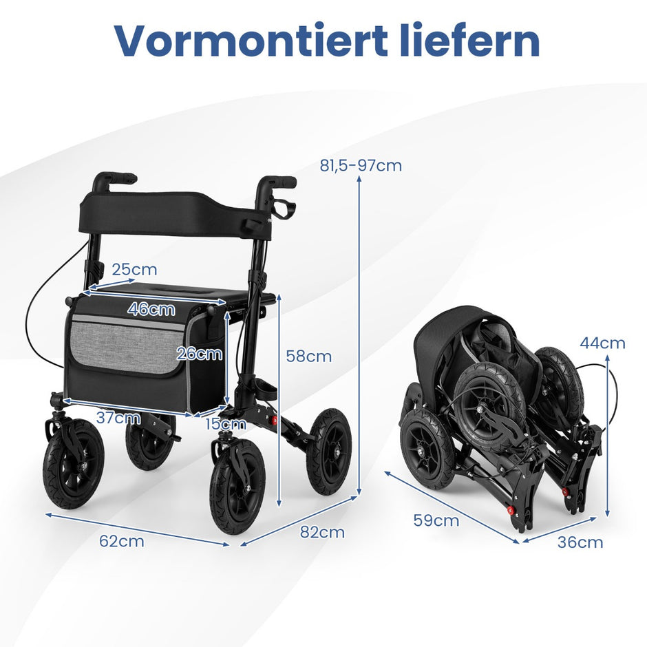 Fällbar – och lätt rollator med luftdäck sittplats i aluminium upp till i rullstol – 140 kg 2 1 – Svart