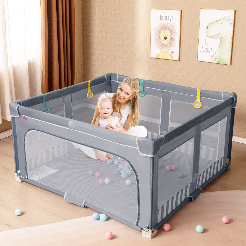 Stor – Barn Box BPA fri Ihopfällbar Lekgård med Dragkedja Port – 127 x 127 cm – Grå
