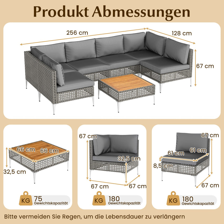 Delat – Lounge möbler utomhus rattan med bord och kuddar fritt kombinerbara set – 7 – Grå