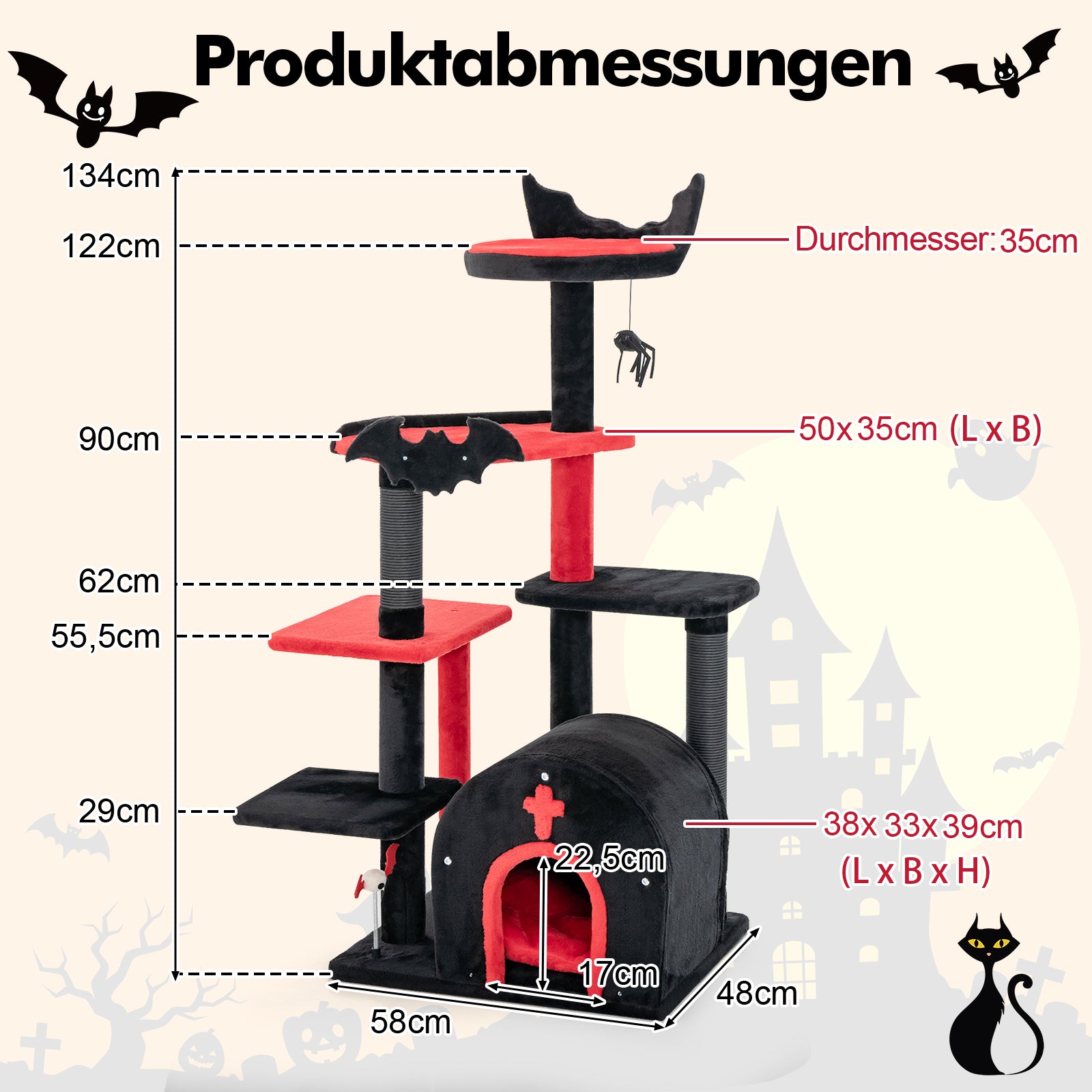 Klösträd – med klöspelare och kattgrotta plattformar kattträd klätterträd – 134 cm – Röd och svart