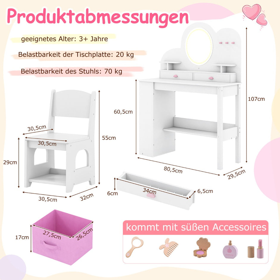 Barnsminkbord – med belysning Prinsessans frisörbord och stolsset lådor Vitt – 2 – Vit