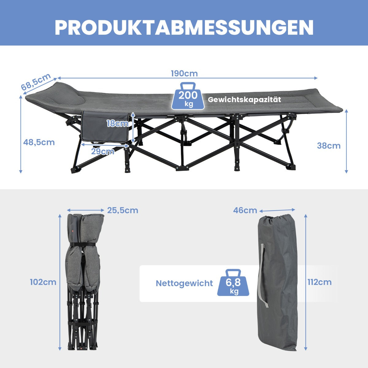 Hopfällbar – campingsäng med sidoficka, tältsäng upp till lastkapacitet, gästsäng – 200 kg – Grå