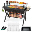 Kolgrill – med vindskydd, kryddställ och förvaring, campinggrill, grillyta av rostfritt stål, – 98 x 42 x 68 cm – Brun