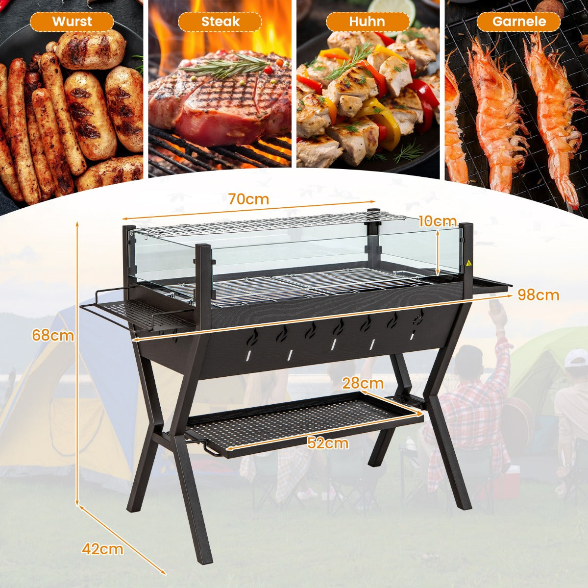 Kolgrill – med vindskydd, kryddställ och förvaring, campinggrill, grillyta av rostfritt stål, – 98 x 42 x 68 cm – Brun