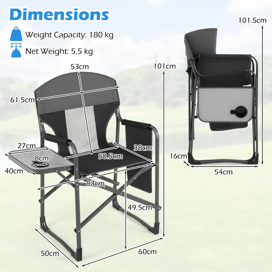Klappbar – registol med sidobord, sidoficka och dryckeshållare, campingstol – Svart