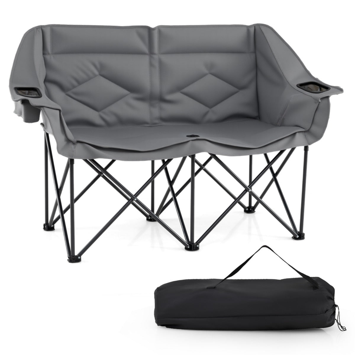 XXL campingsoffa – för personer, hopfällbar campingstol med dryckeshållare och nätfickor i – 2 – Grå