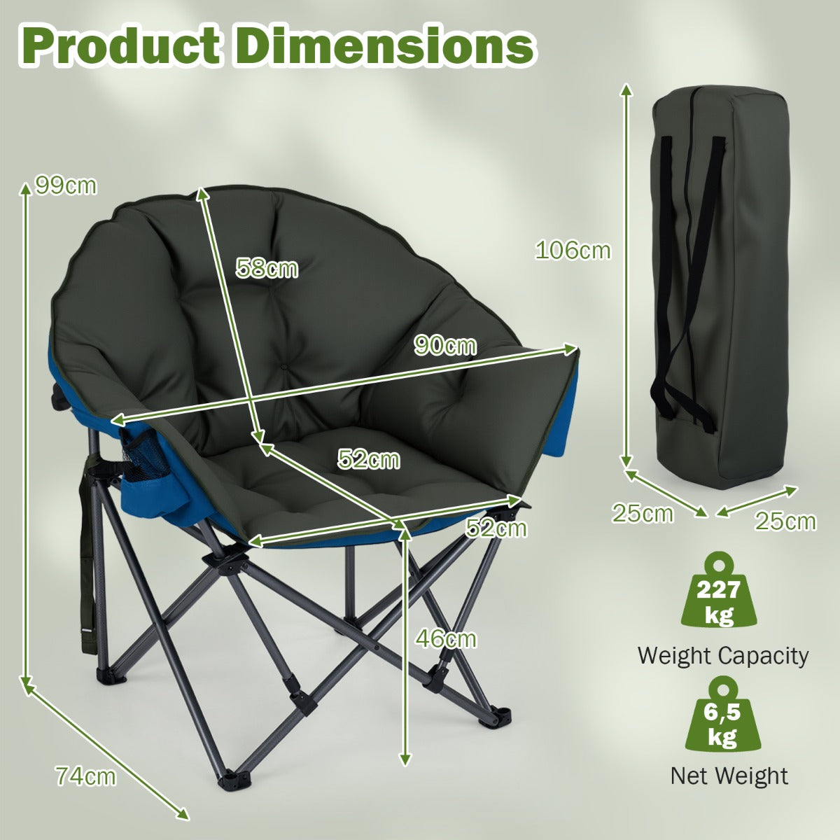 Hopbar – Campingstol Bärbar Polstrad Hopstol Extra Stor Fiskestol – 227 kg – Grön