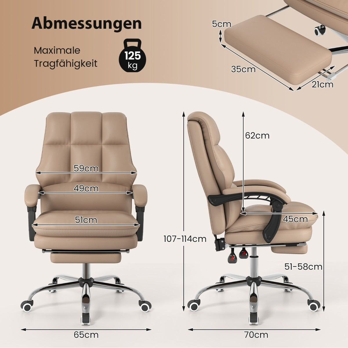Ergonomisk – kontorsstol med inbyggd fotstöd, chefsstol, skrivbordstol – Kaffe