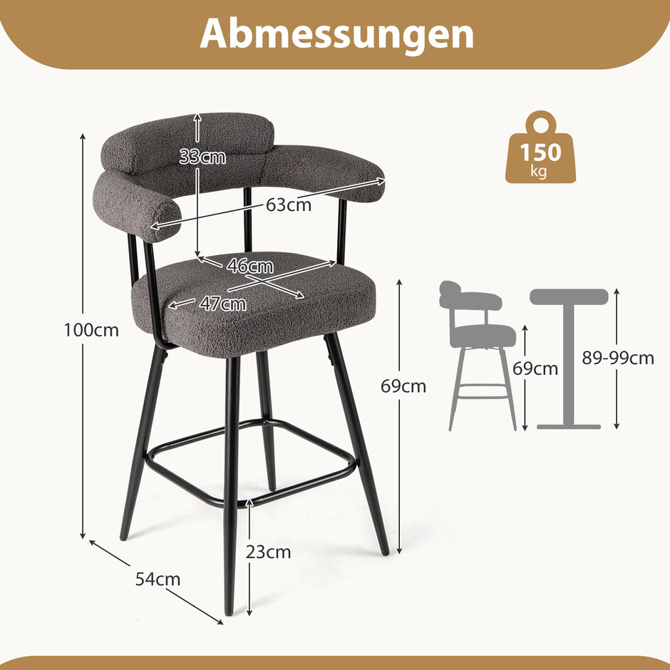 pack – Barstolar Polstret 360° Svängbar Sittpall Bistrostol – 2 – Grå