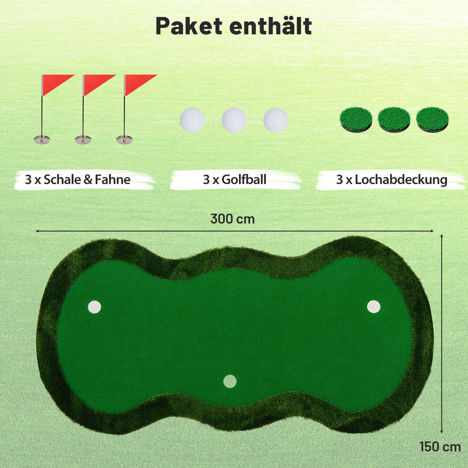 Golfputtningsmatta – Professionell golfträningsmatta med hål och golfbollar för hemmet – 3 300 x 150 cm – Grön