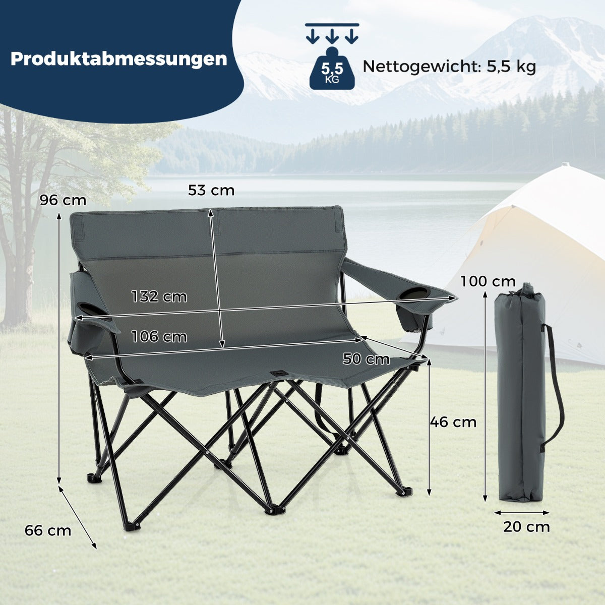 Campingstol – för personer Fällstol med dryckeshållare och armstöd bärväska – 2 – Grå