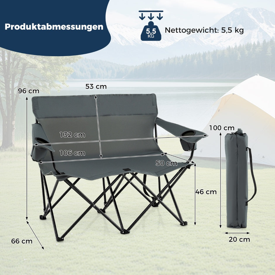 Campingstol – för personer Fällstol med dryckeshållare och armstöd bärväska – 2 – Grå