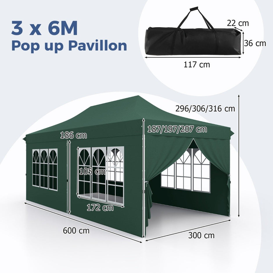 Paviljong, – med avtagbara sidoväggar, höjdjusterbart partytält – 6 3 x 6 m – Grön