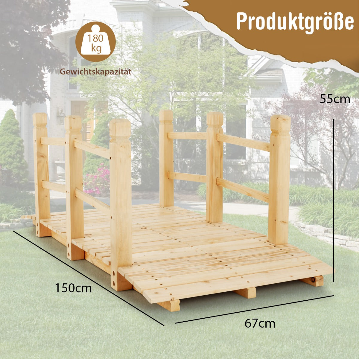 Träbro – med räcken Trädgårdsbro upp till belastning Bro av massivt granträ – 100 kg – Natur