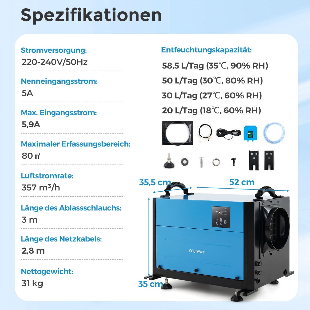 Avfuktare – med lägen och 24H timer Byggtork hängande fristående i L/dag – 3 2 1 20-58 – Blå