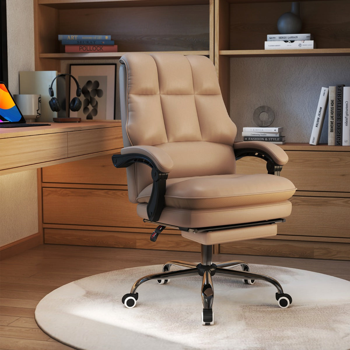 Ergonomisk – kontorsstol med inbyggd fotstöd, chefsstol, skrivbordstol – Kaffe