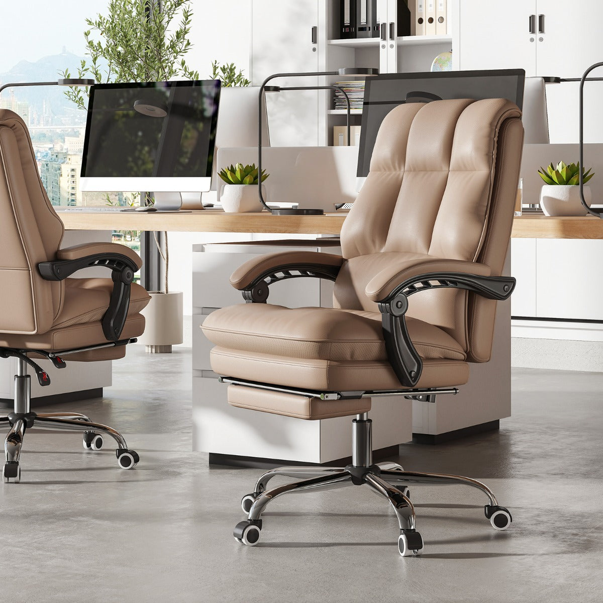 Ergonomisk – kontorsstol med inbyggd fotstöd, chefsstol, skrivbordstol – Kaffe