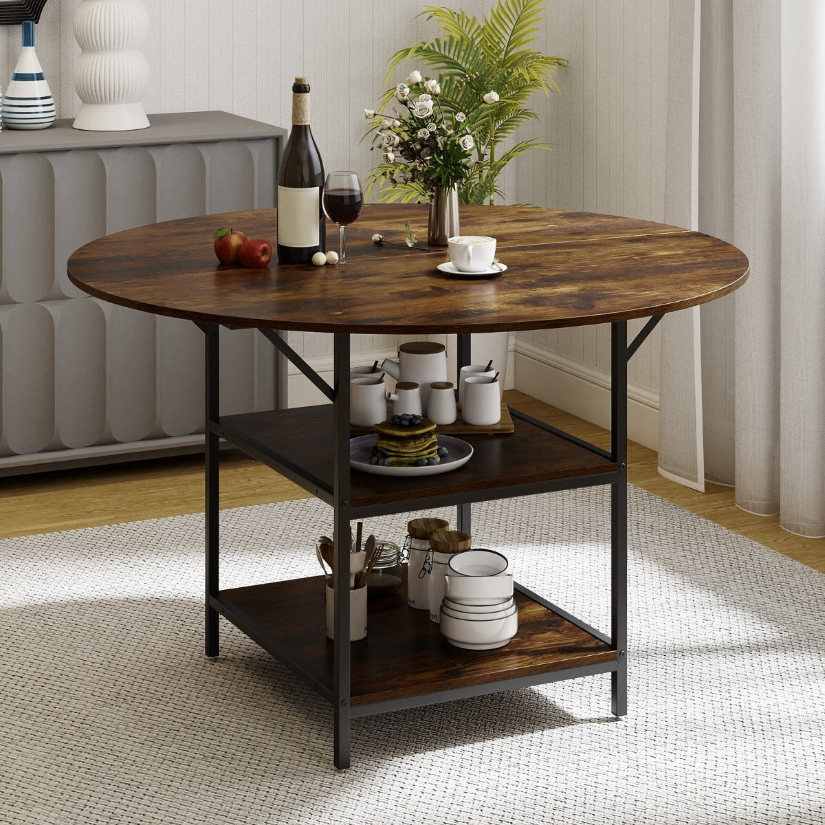 Runt – Matbord för upp till Person med lager Förvaringsfack och Metallställ Köksbord – 4 6 2 120 cm – Brun