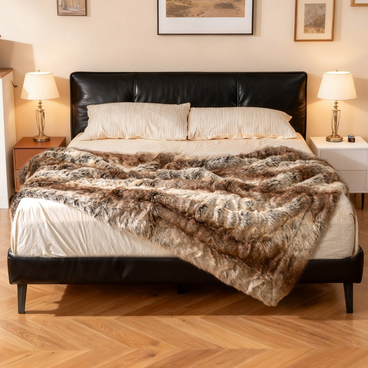 Fluffig – Konstskinn Hemfilt mjuk Plysch mysig hög kvalitet Konstmårdskinnsfilt – 153 x 203 cm – Kaffe